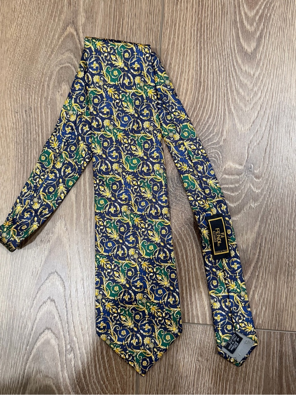 Vintage Fendi Cravatte Blue Green Gold Paisley silk Tie